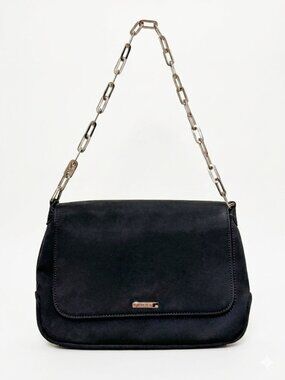VTG Nine West Black Baguette Shoulder Bag Silver Chain Red Lining Y2K